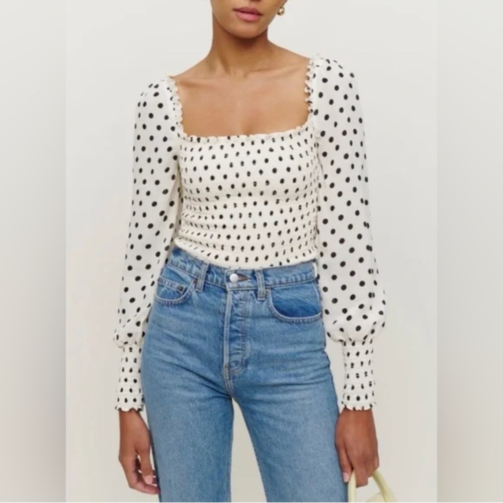 Reformation Pinto Smocked Puff Sleeve Cropped Long Sleeve Top in polka dot